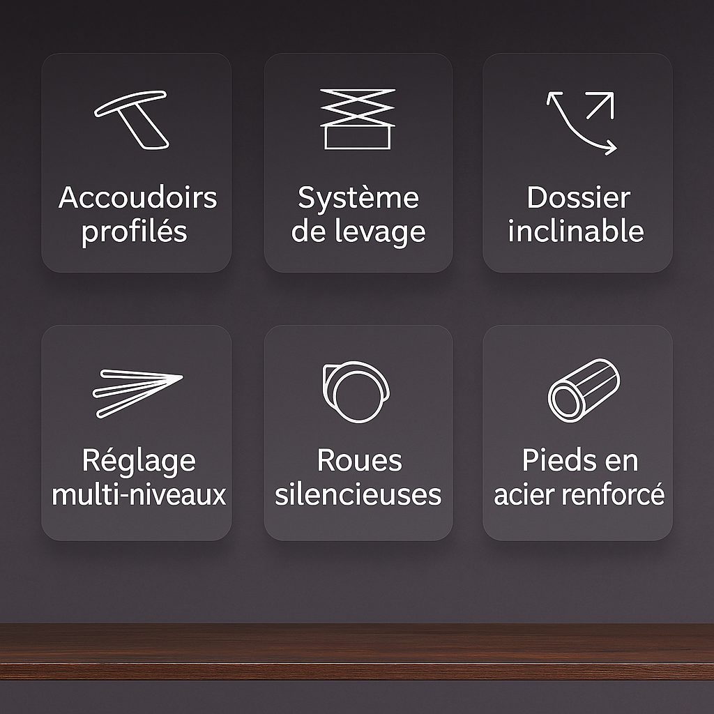 Caractéristiques techniques fauteuil ergonomique : poignée, système levage, dossier inclinable, réglages