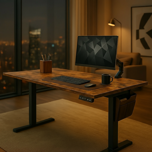 Bras support moniteur réglable sur bureau moderne avec écran ajustable en hauteur