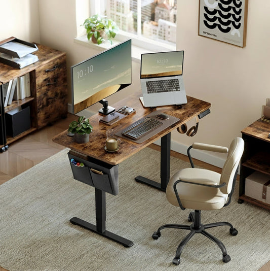 Bureau assis-debout électrique 120x60 avec structure métal robuste et plateau bois premium