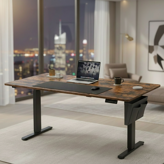 Bureau réglable électrique moderne dans environnement de travail professionnel avec vue urbaine