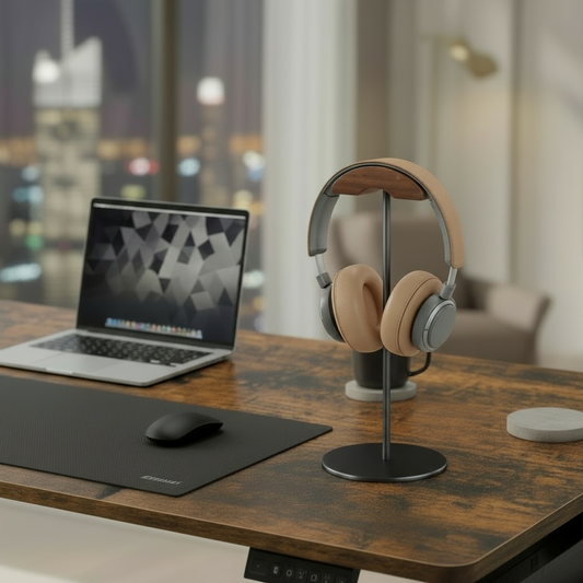 Porte-casque gaming bois et aluminium dans setup bureau moderne avec écran