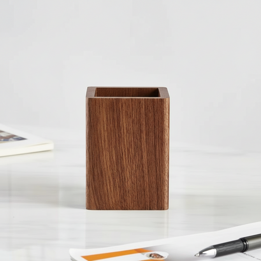 Organisateur bureau bois naturel avec stylos et crayons sur table de travail moderne