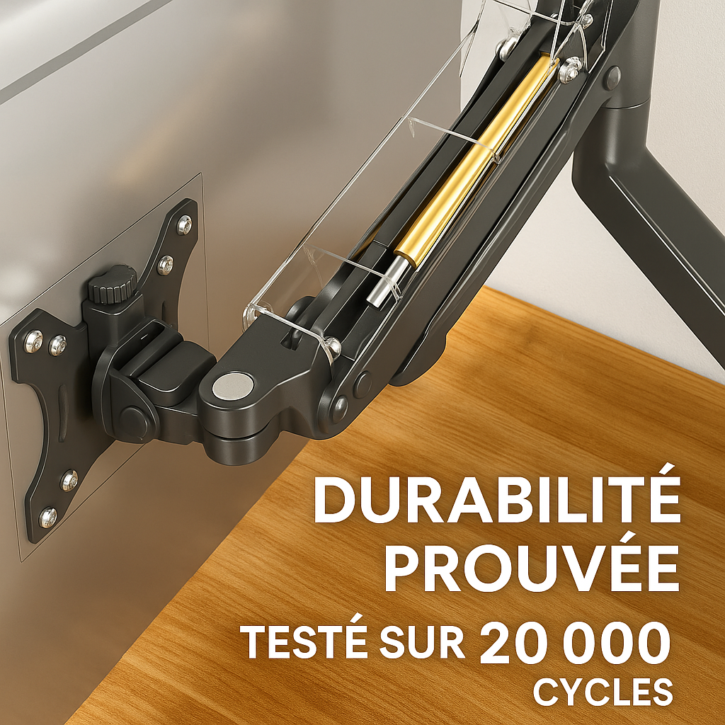 Détail bras moniteur ajustable avec mécanisme ressort à gaz pour mouvement fluide