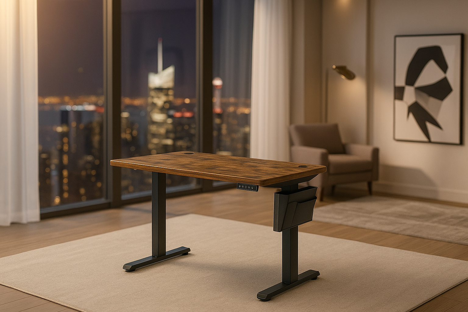 Bureau électrique réglable 120x60cm design moderne avec plateau bois et pieds métalliques noirs