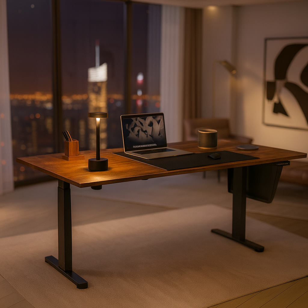 "Bureau moderne avec lampe tactile et vue panoramique sur la ville