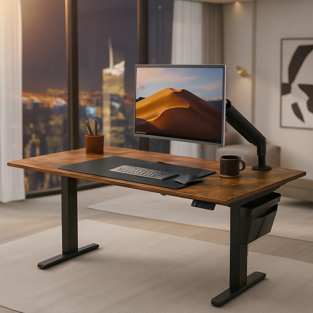 Setup bureau compact moderne avec vue urbaine, installation ergonomique pour petit espace