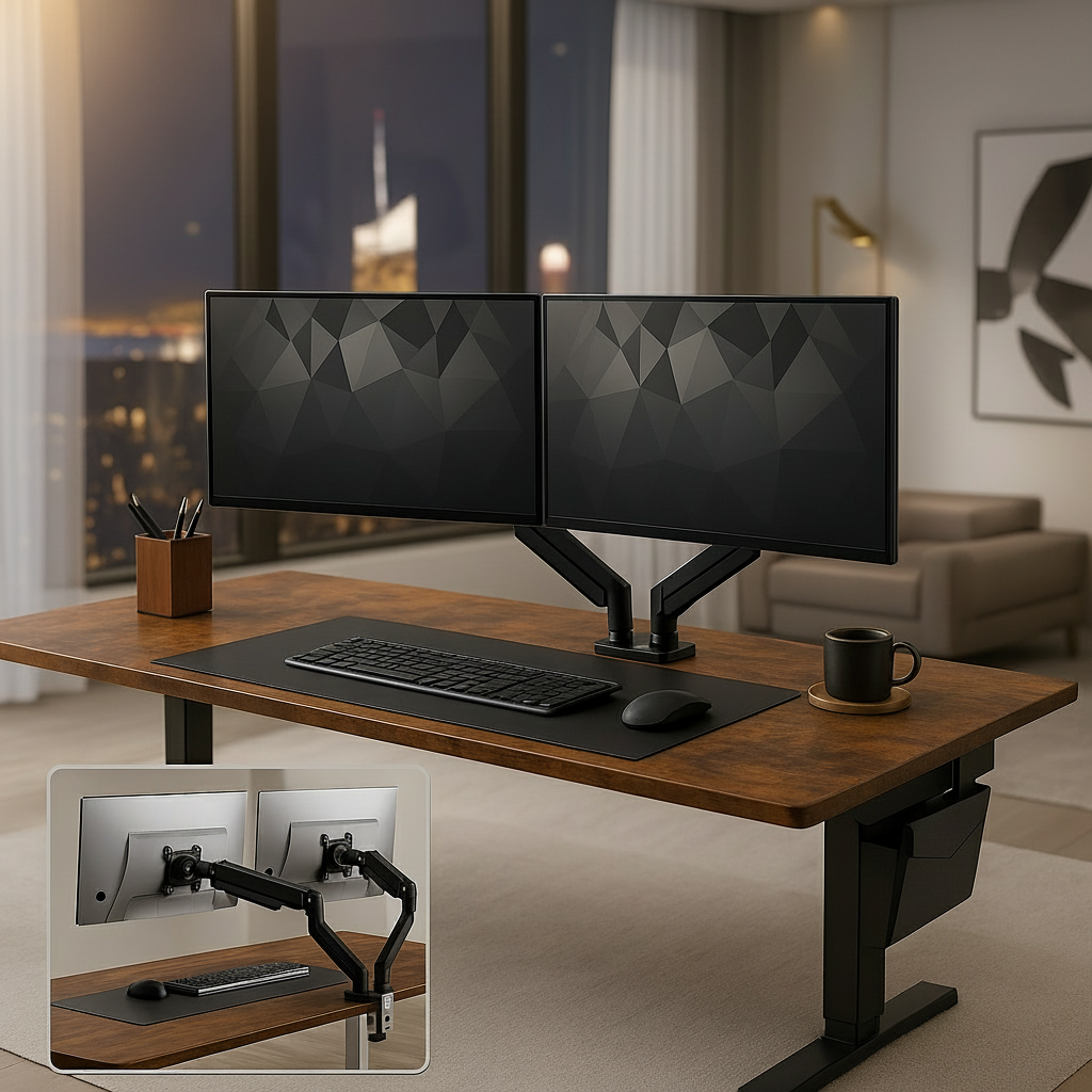 Setup double écran sur bureau moderne avec support articulé pour multitâche productif