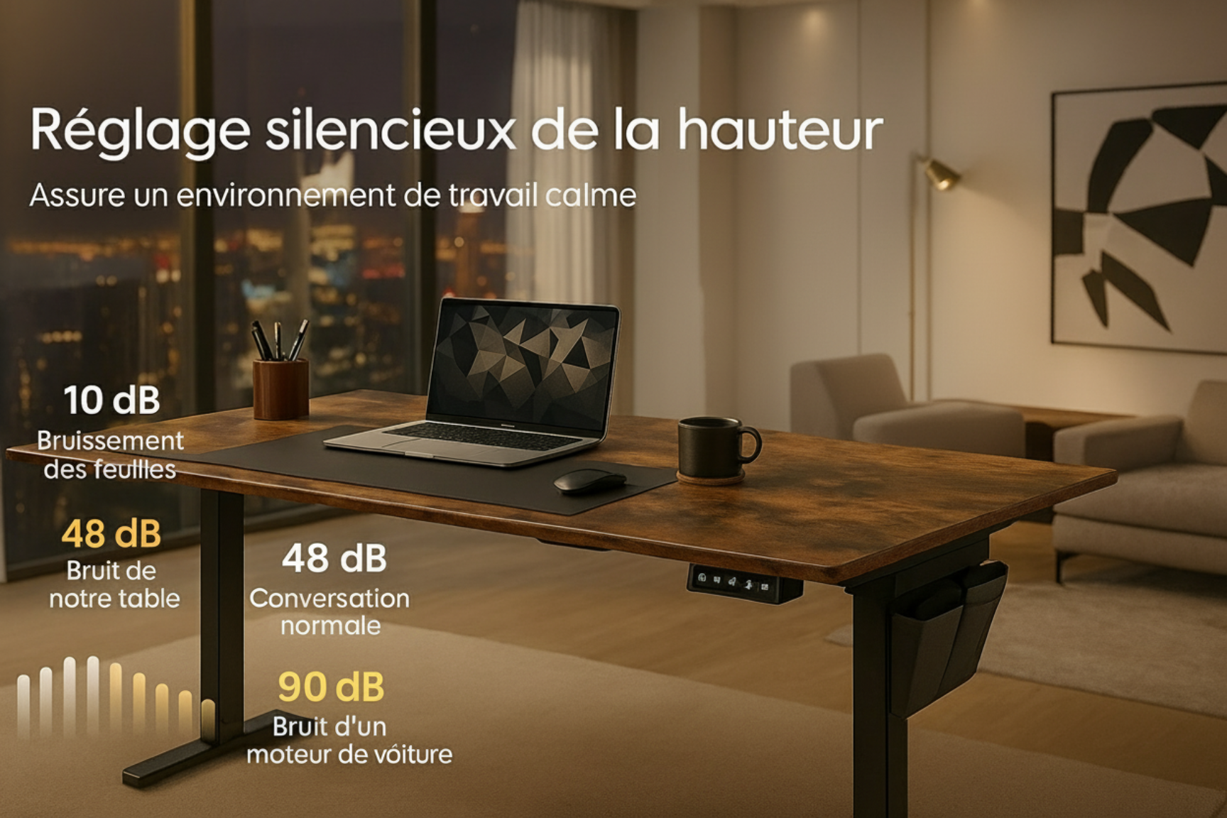 Bureau électrique hauteur réglable style penthouse avec double écran et accessoires ergonomiques