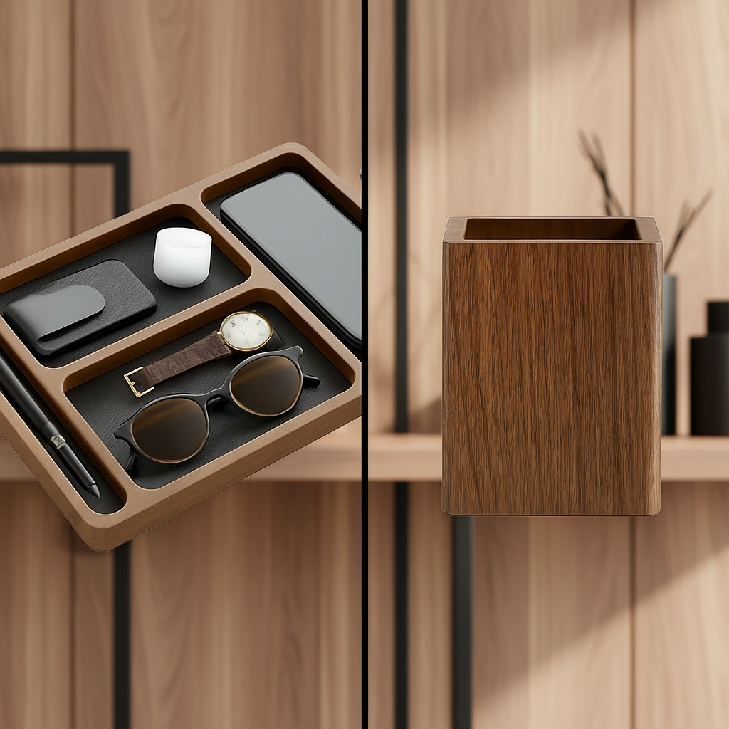 Ensemble accessoires bureau design bois et cuir pour espace travail élégant organisé