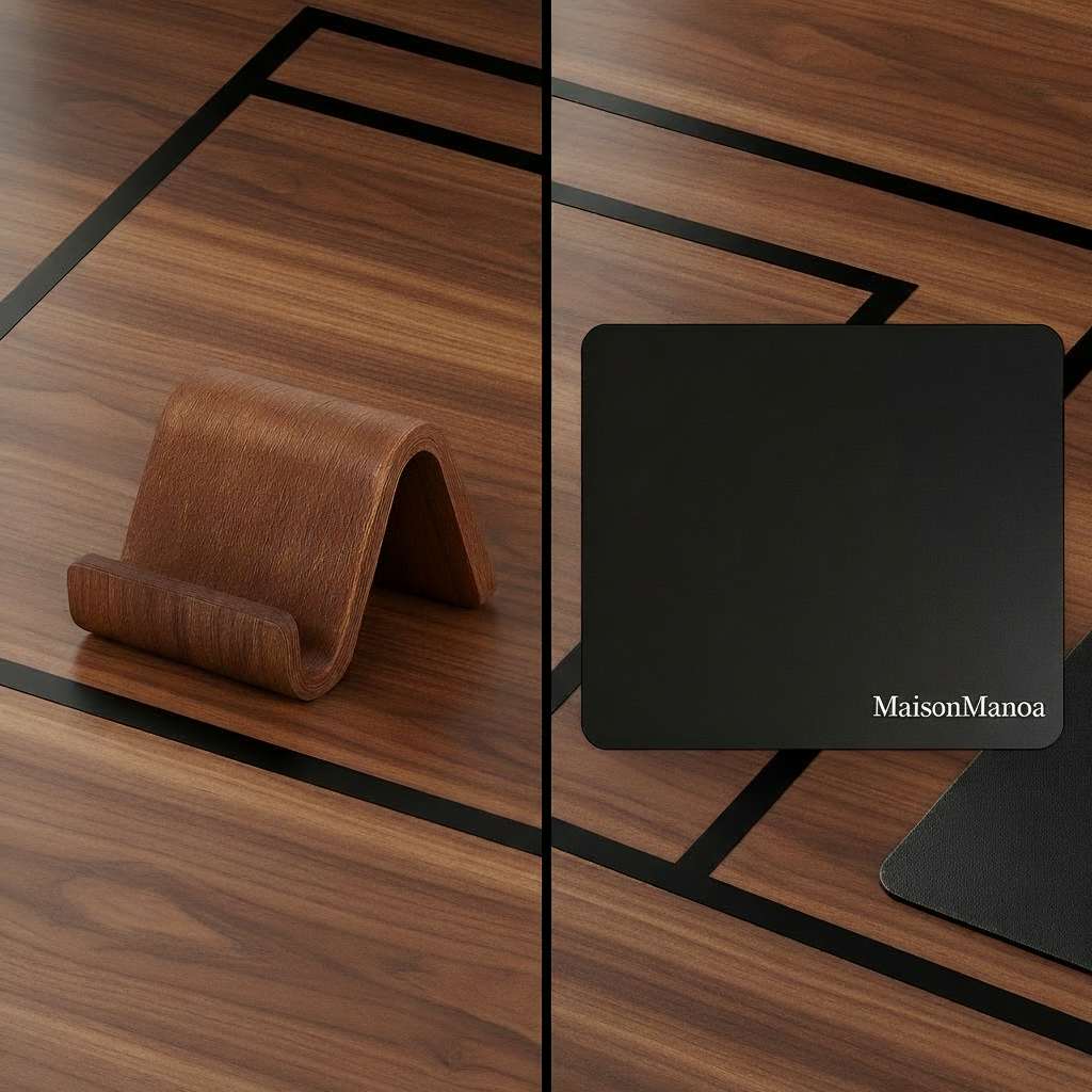 Pack complet accessoires bureau minimaliste avec rangements bois et tapis cuir premium