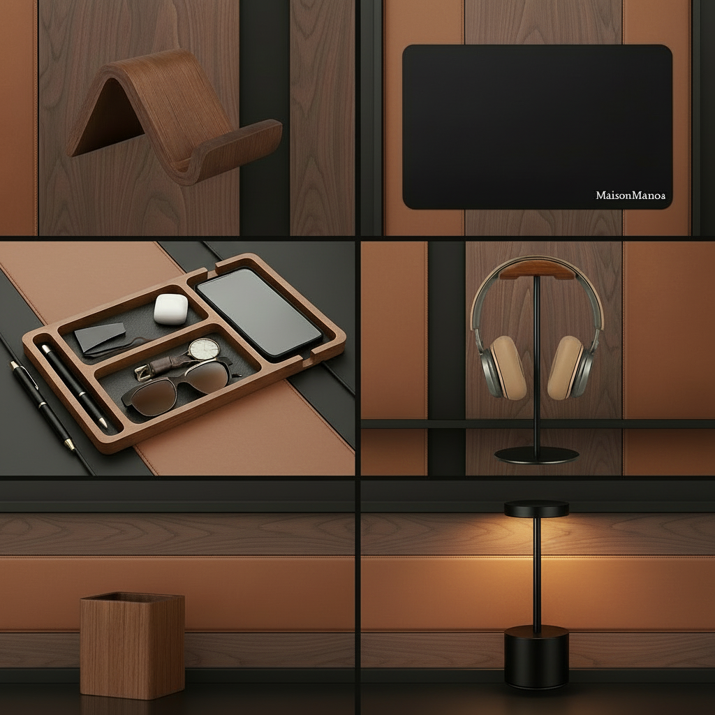 Pack 6 accessoires bureau premium : tapis cuir, organisateur bois, lampe tactile et supports