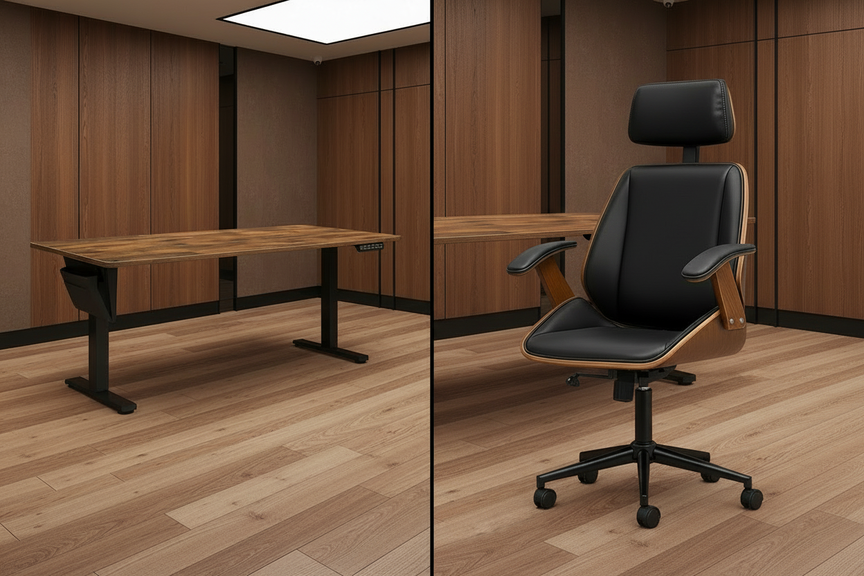 Setup bureau premium complet avec bureau réglable 180x80, chaise haut de gamme et support moniteur