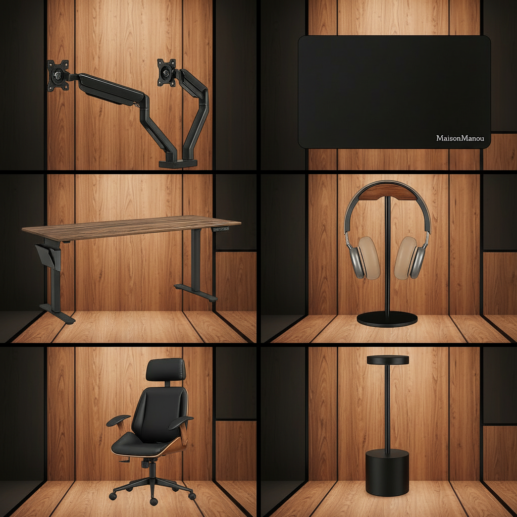 Pack Pro complet : bureau électrique, chaise premium, double écran et accessoires bois cuir