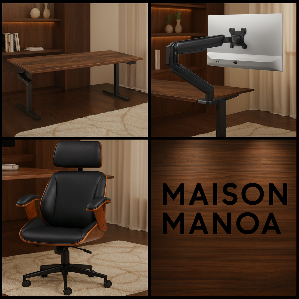 Pack Premium : bureau électrique grand format, chaise bois massif et support écran ergonomique