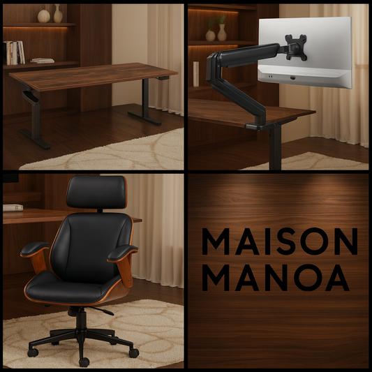 Pack Premium : bureau électrique grand format, chaise bois massif et support écran ergonomique