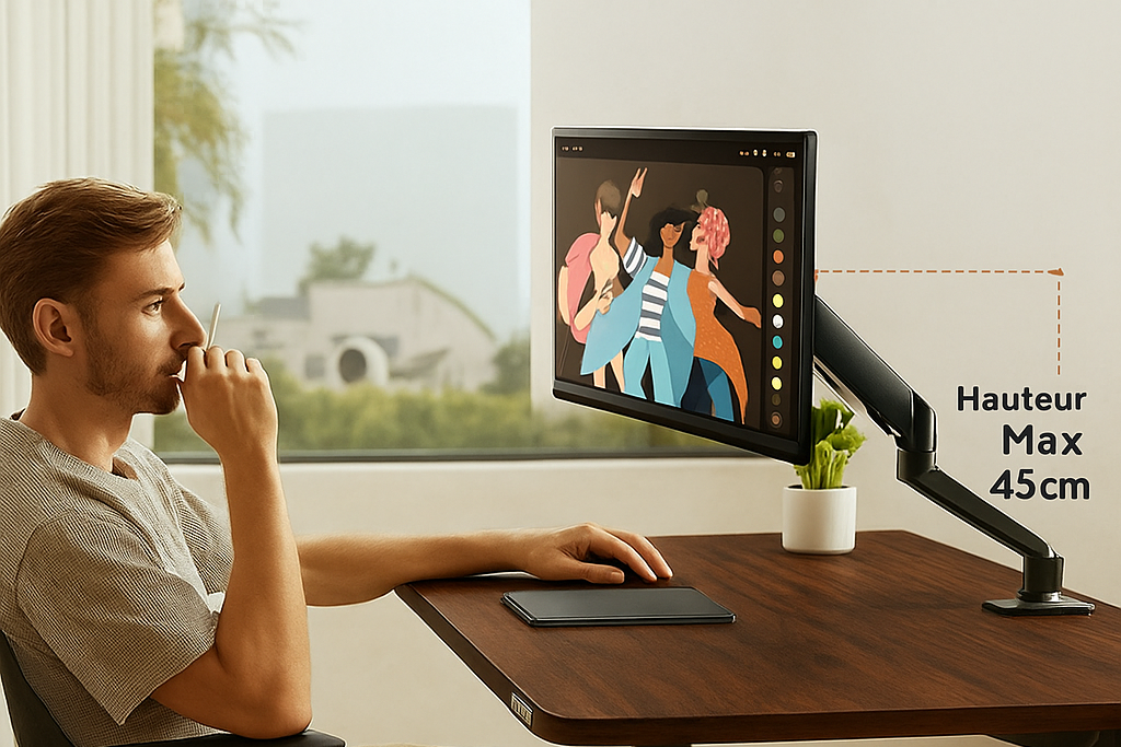 Support écran ergonomique avec rotation complète pour réduction tensions cervicales