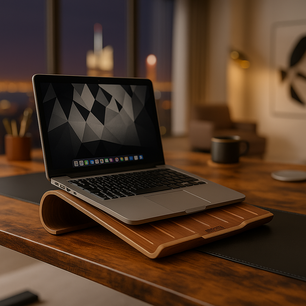 Support laptop bois design minimaliste sur bureau moderne avec écran à hauteur yeux