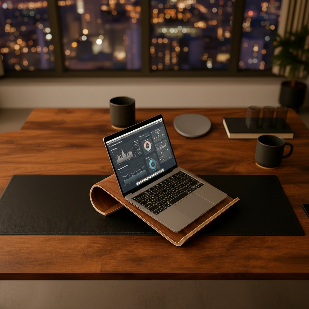 Support ordinateur bois naturel dans espace travail professionnel avec setup complet