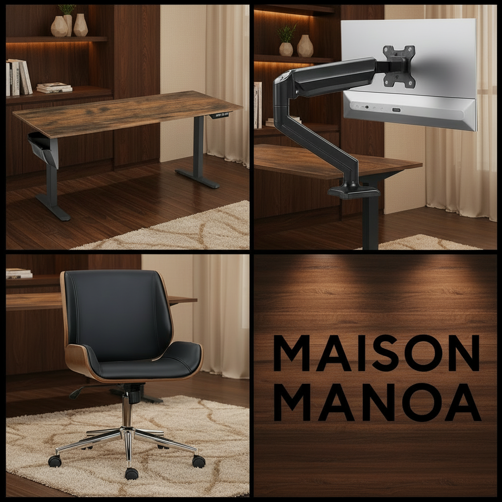 Pack Essentiel compact : bureau électrique 120x60, chaise bois vintage et support écran