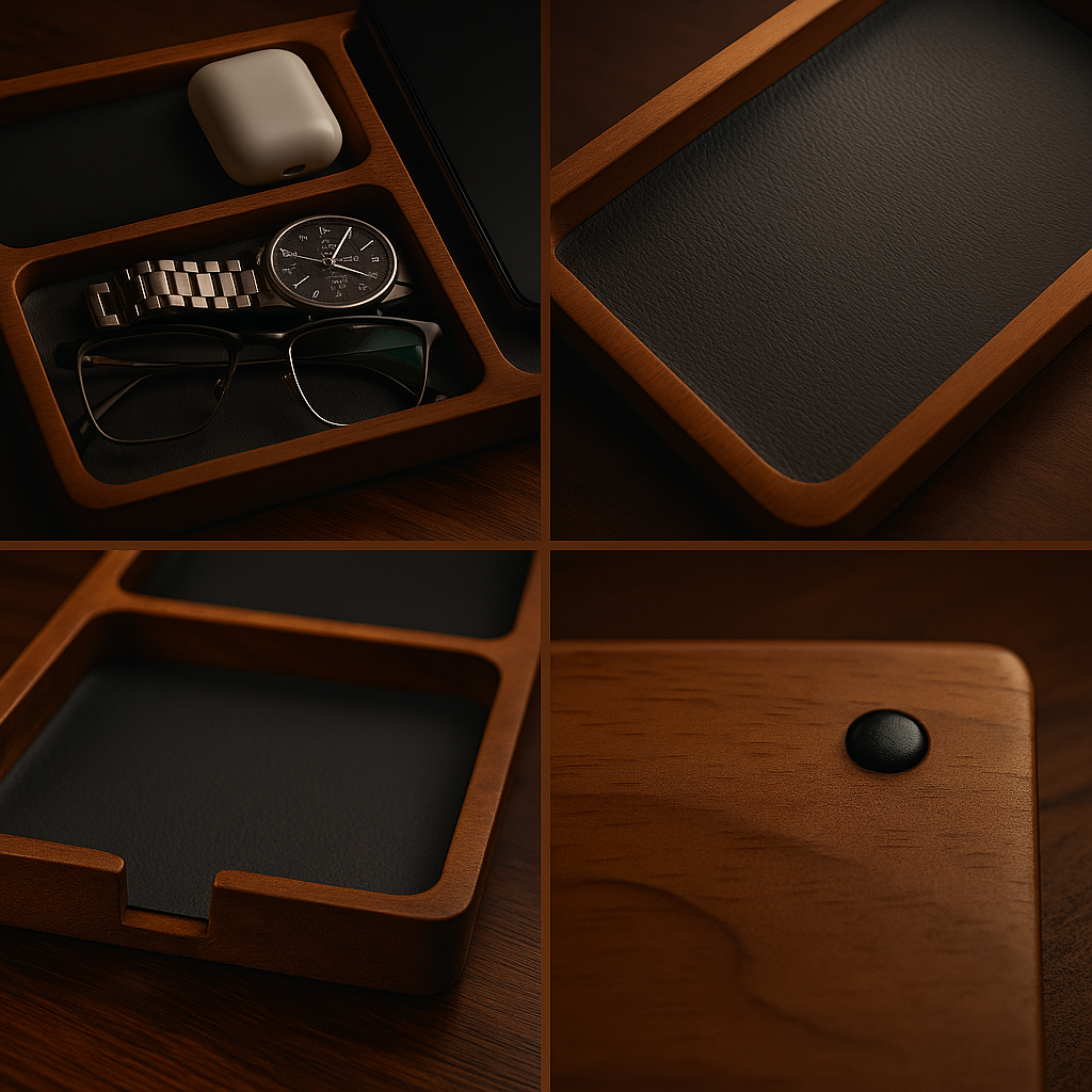 Plateau organisateur bois avec montre lunettes et accessoires élégants bureau moderne