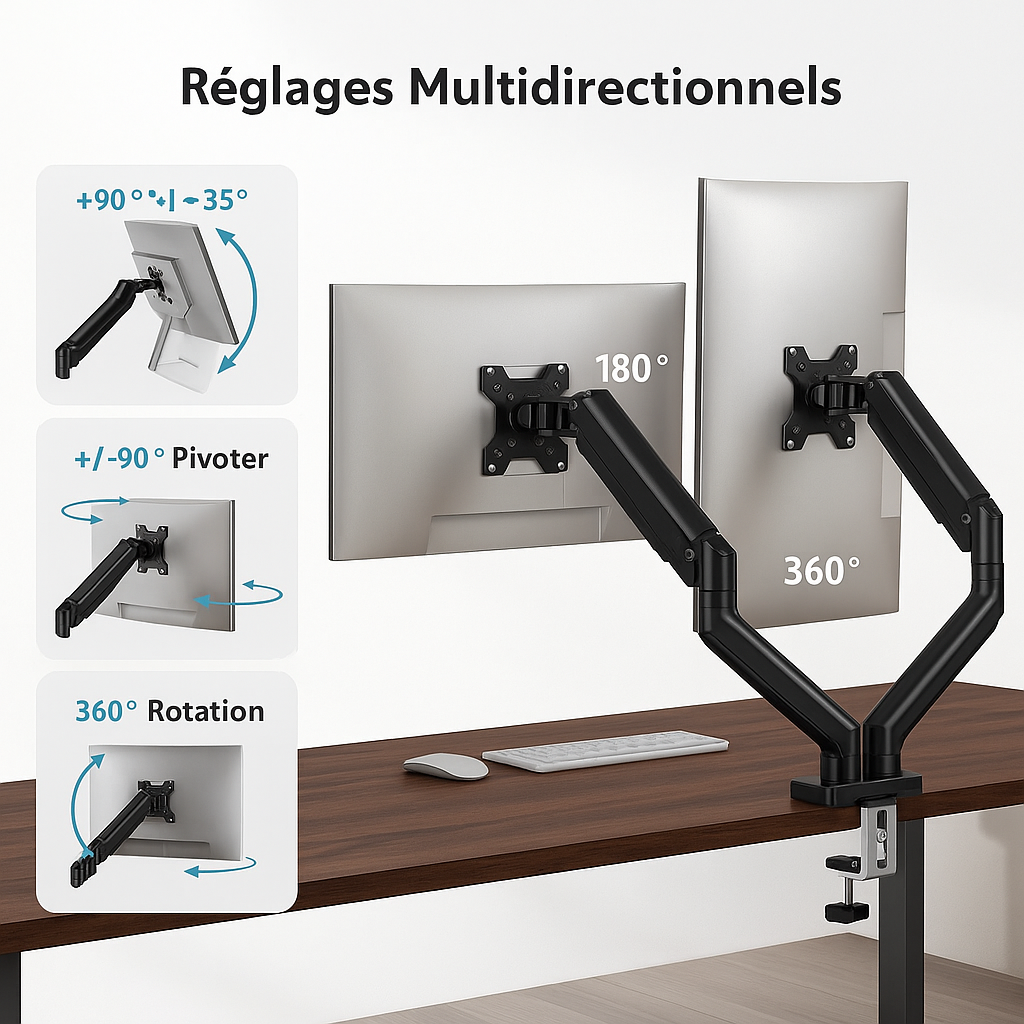 Schéma réglages flexibles support double écran : rotation, inclinaison et hauteur