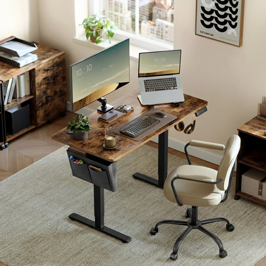 Bureau assis-debout électrique 120x60 avec structure métal robuste et plateau bois premium