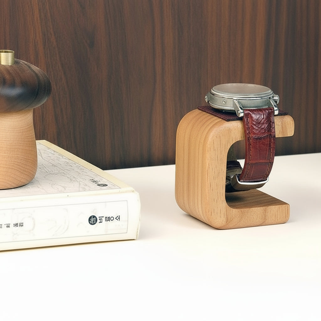 Présentoir montre bois naturel avec montre de luxe, finition premium pour coiffeuse