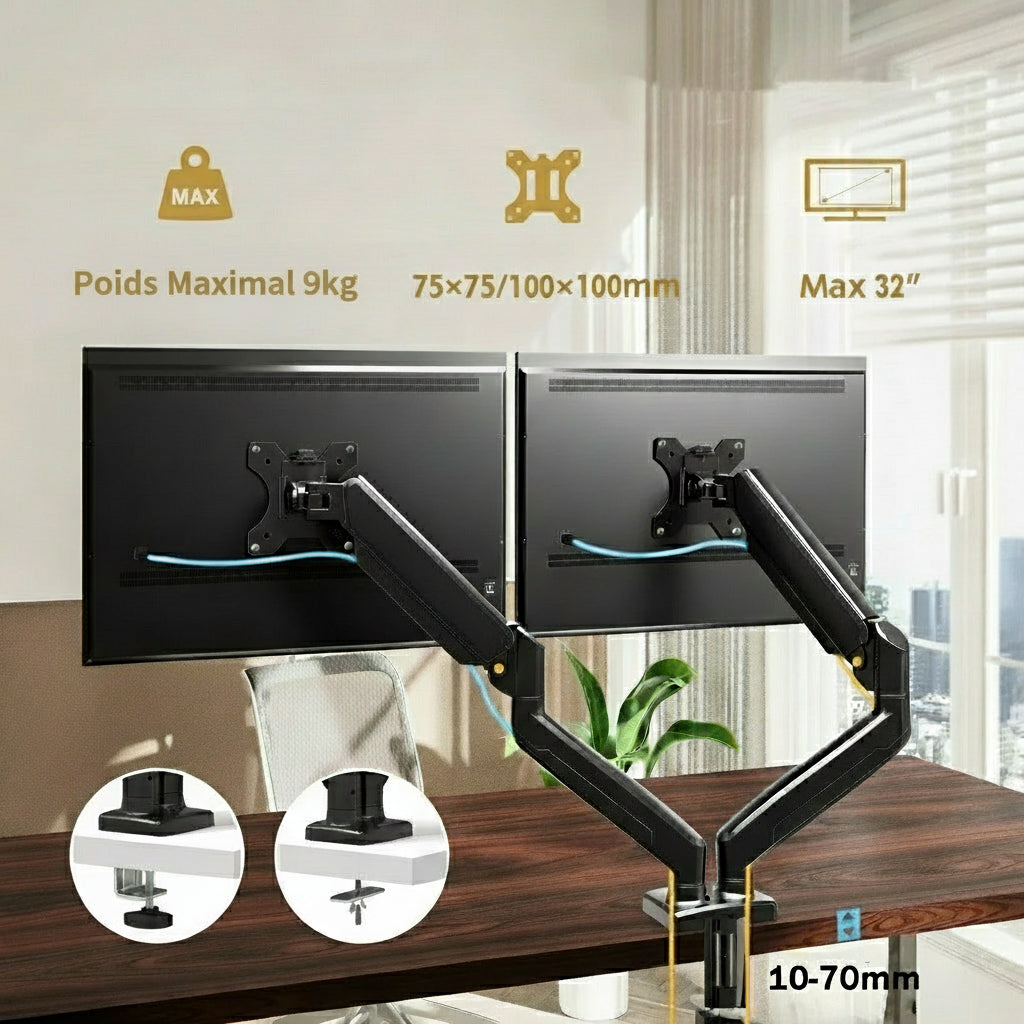 Support moniteur double ergonomique avec fixation bureau robuste et câbles organisés