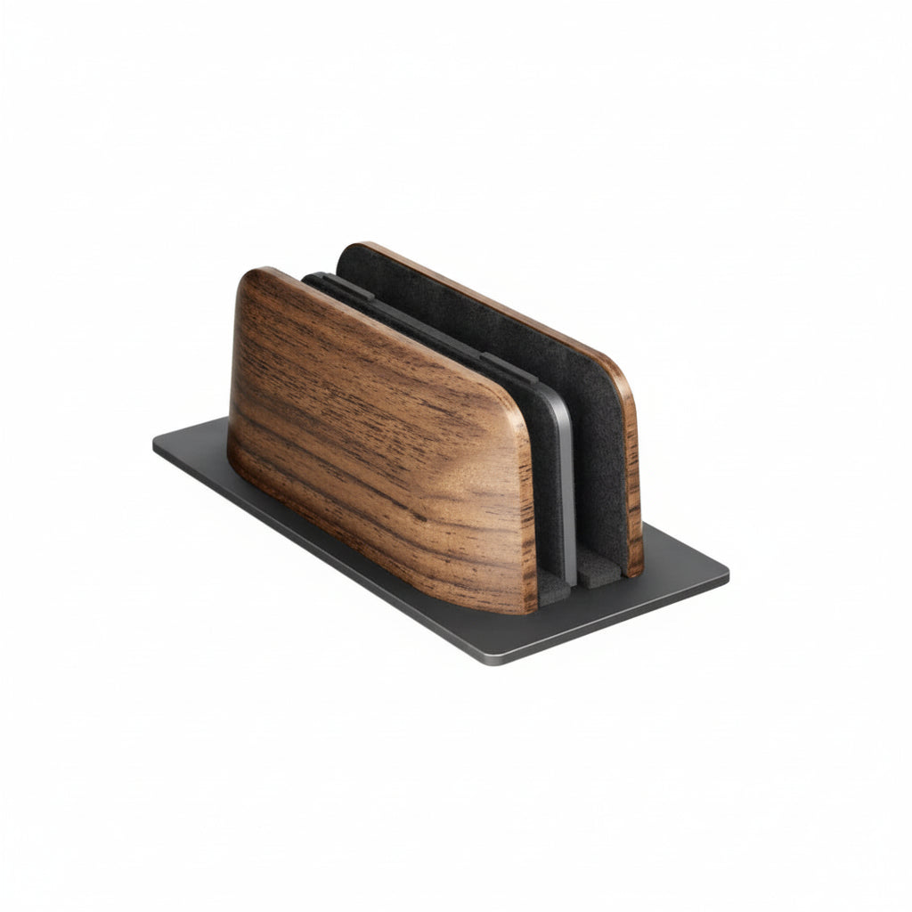 Station accueil PC portable aluminium et bois noyer avec rangement stylos intégré