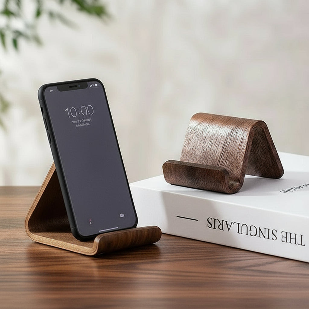 Support téléphone bois artisanal avec rainures pour stabilité et élégance naturelle