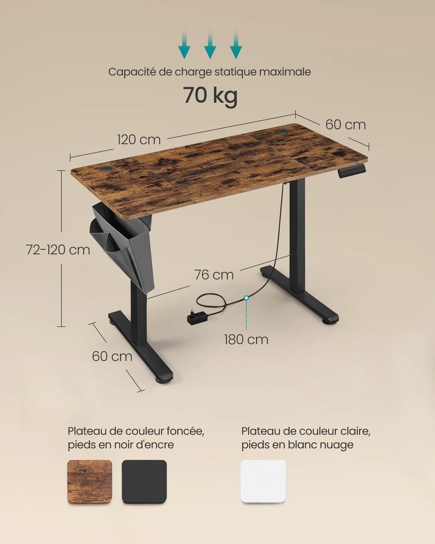 Pieds électriques réglables bureau compact avec système anti-collision sécurisé