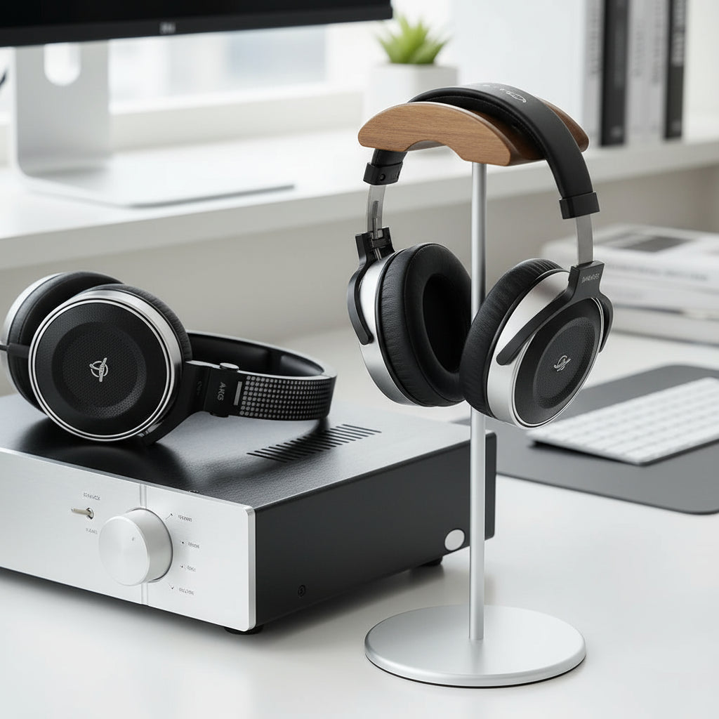 Porte-casque premium bois et aluminium avec casque gaming, protection coussinets optimale