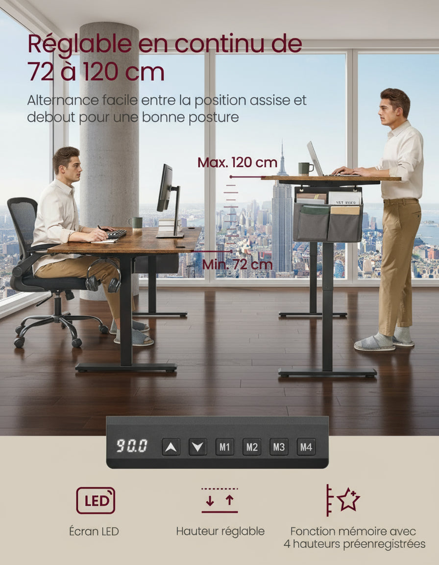 Bureau sit-stand électrique avec structure en acier robuste et finition premium