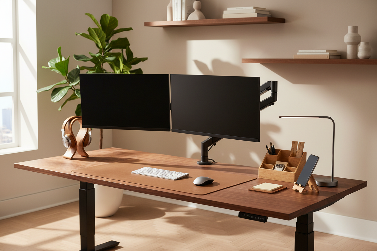 Bureau électrique réglable avec setup complet professionnel écran clavier et accessoires