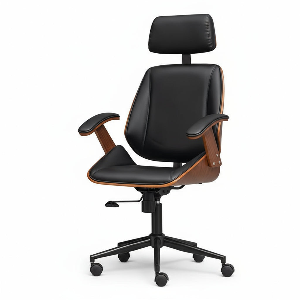 Chaise de bureau ergonomique en bois massif finition noyer noir avec assise pivotante