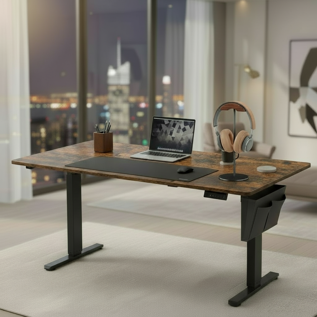 Support casque audio design minimaliste bois noyer sur bureau professionnel épuré