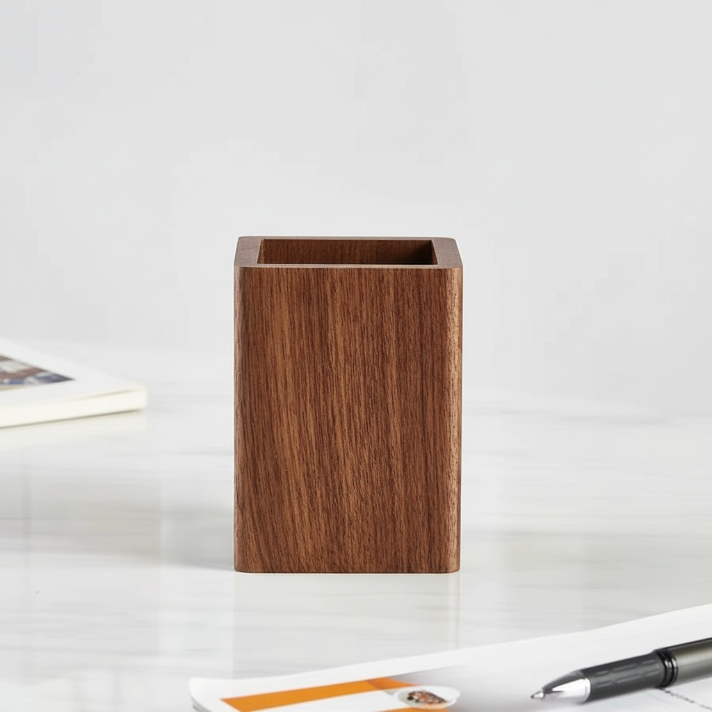 Organisateur bureau bois naturel avec stylos et crayons sur table de travail moderne