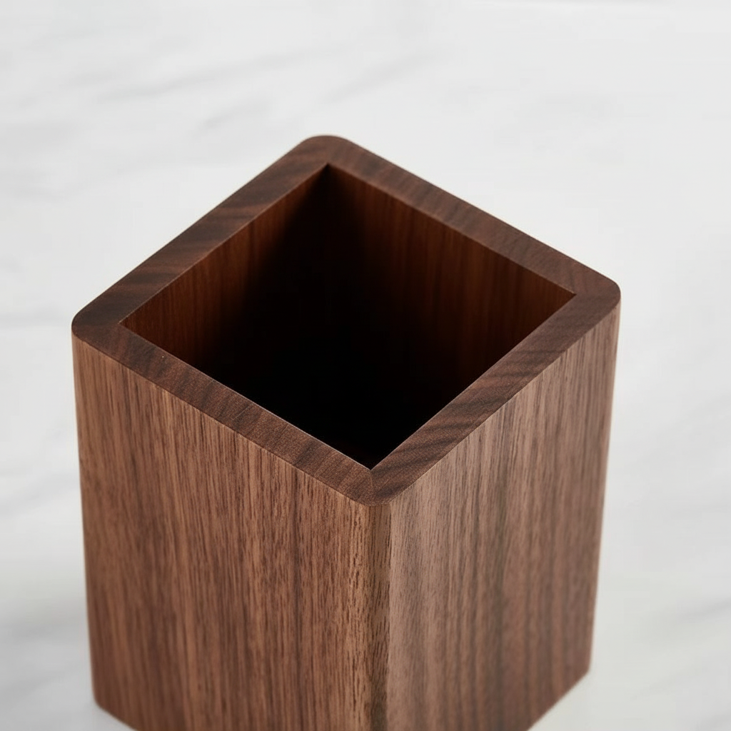 Pot à crayons bois massif design minimaliste dans espace de travail épuré