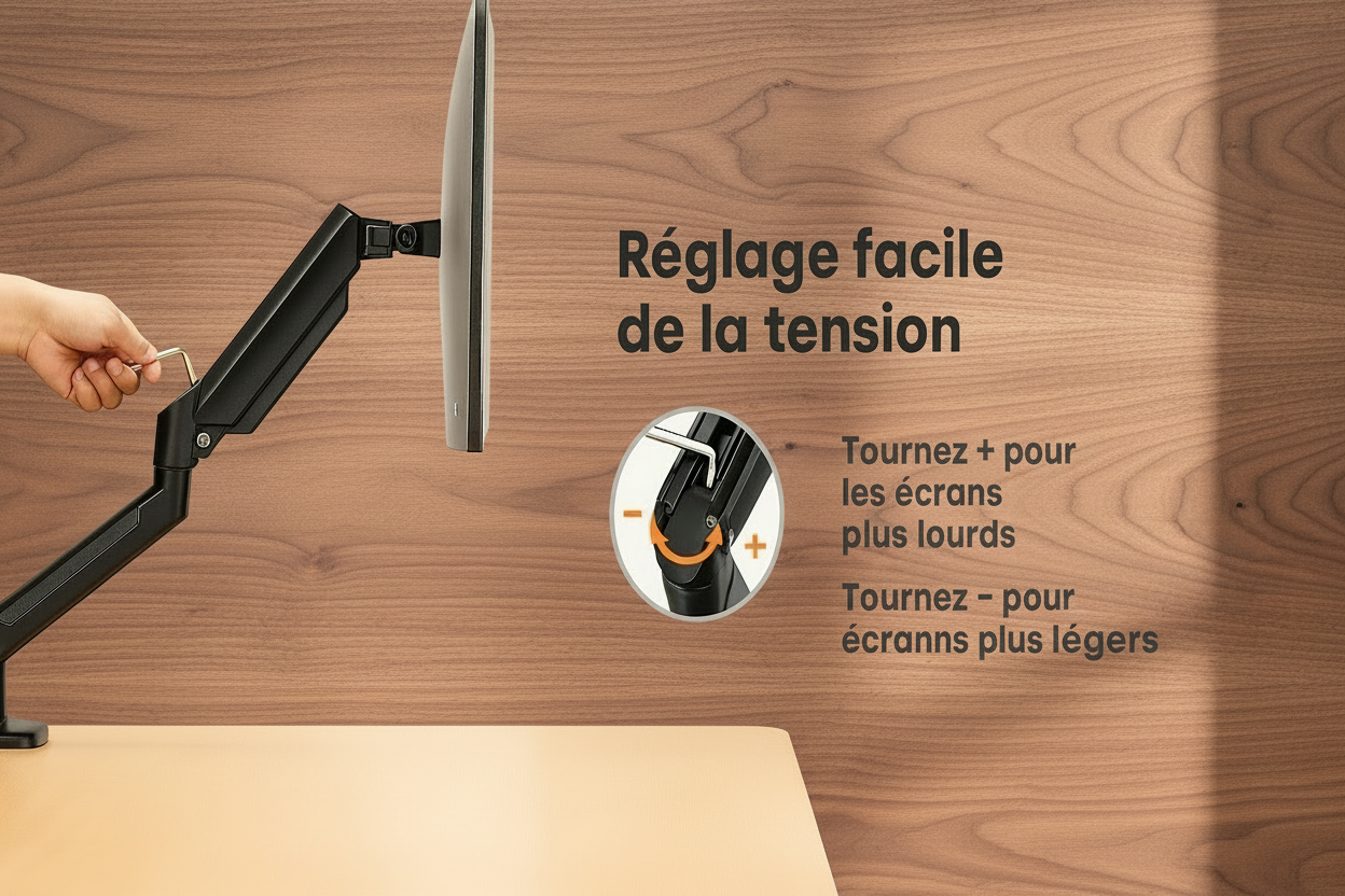 Support écran simple libérant espace bureau avec réglage angle et hauteur optimal